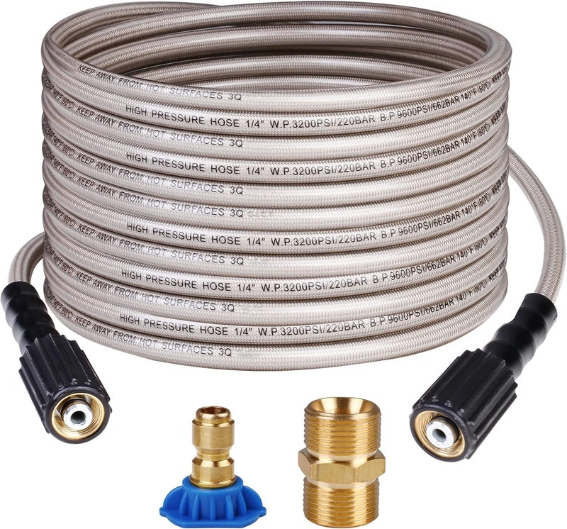WOJET خرطوم ضغط 3200 PSI بطول 25 قدم 1/4" خيوط نحاسية M22-14mm بديل عالمي لمعظم غسالات الضغط PA7261 - Image 1